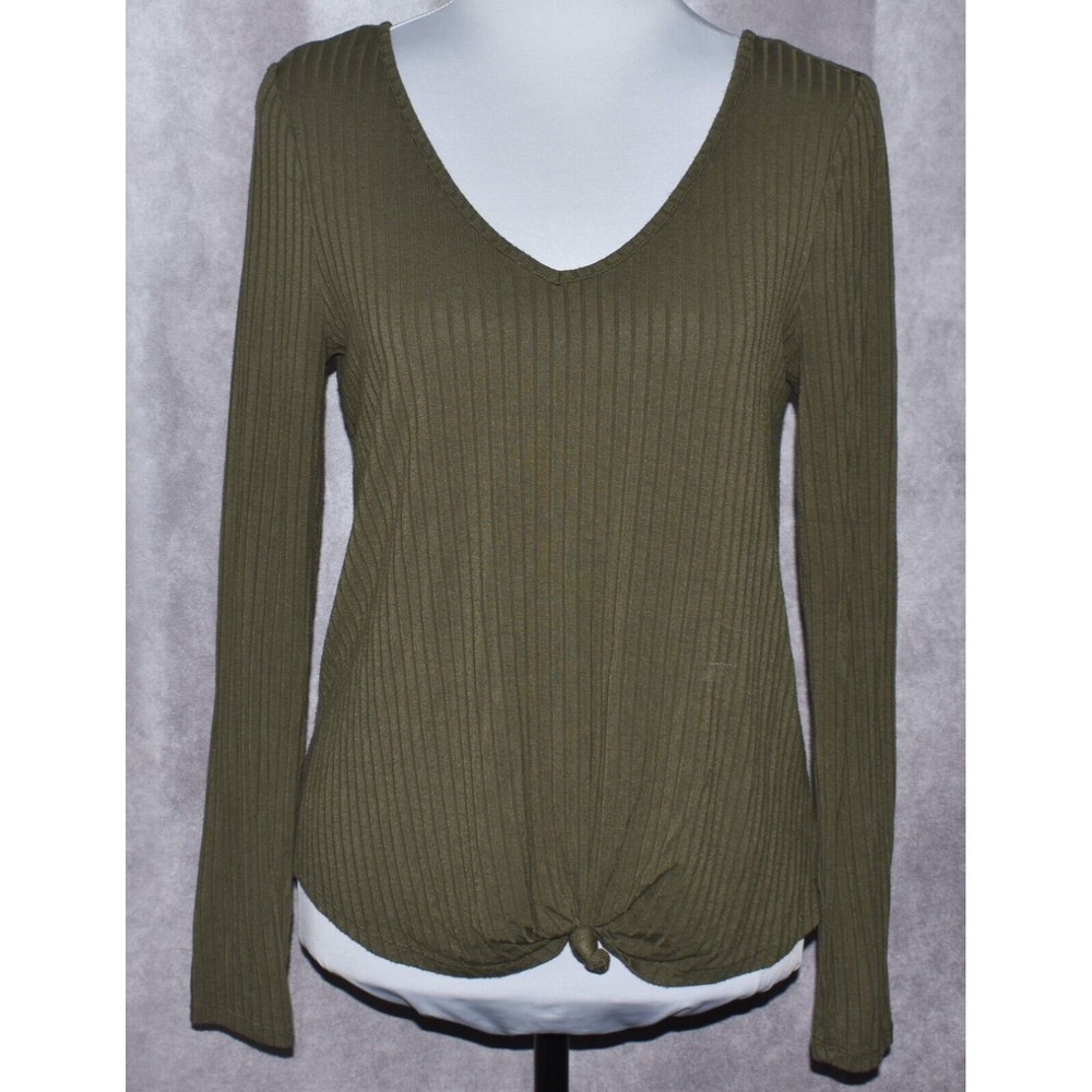 Love Fire Womens Knit Knot Front Long Sleeve V-Neck Top Thyme - Size Small